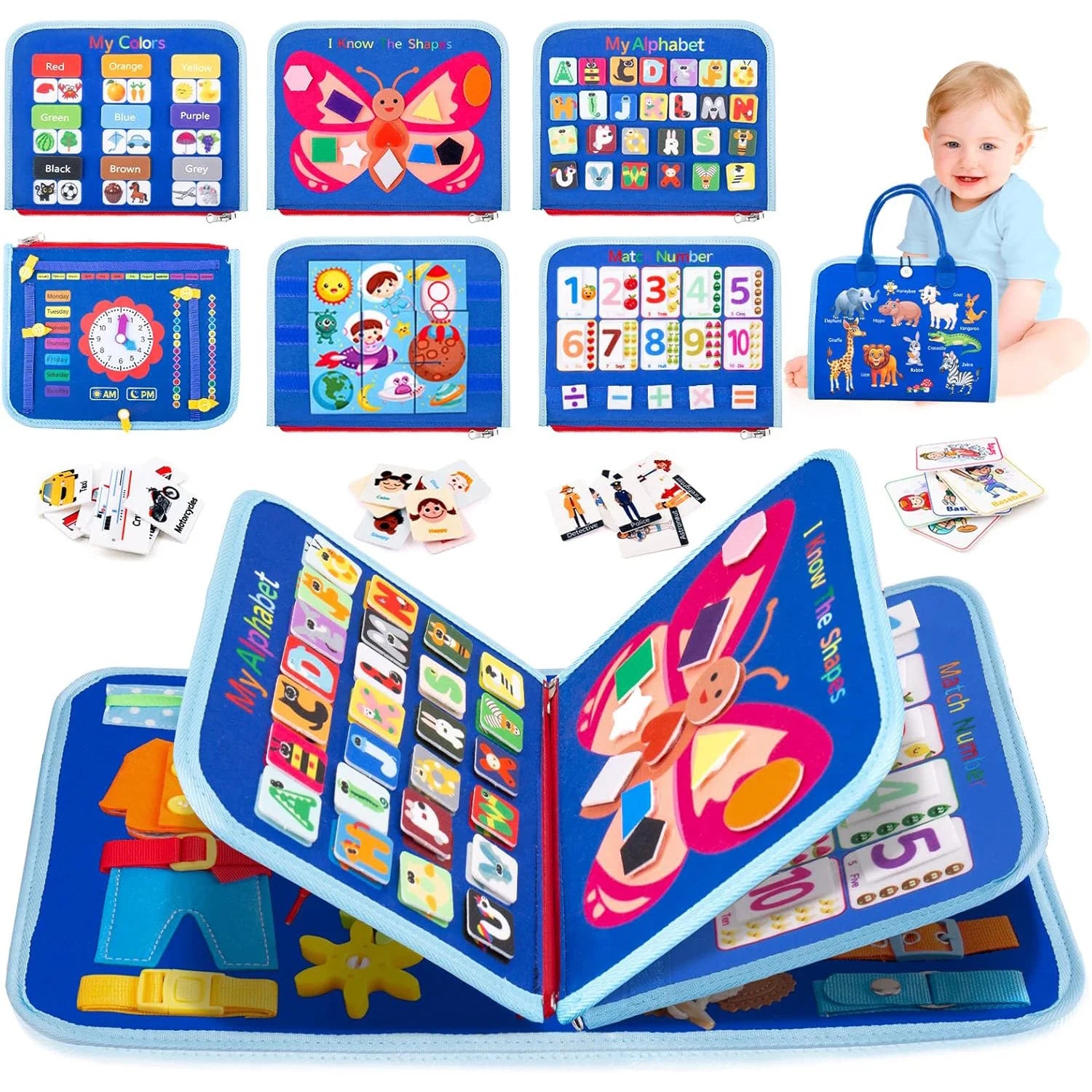 7-in-1 Portable Sensory Busy Board – Montessori-Inspired Learning & Fine Motor Activity Book