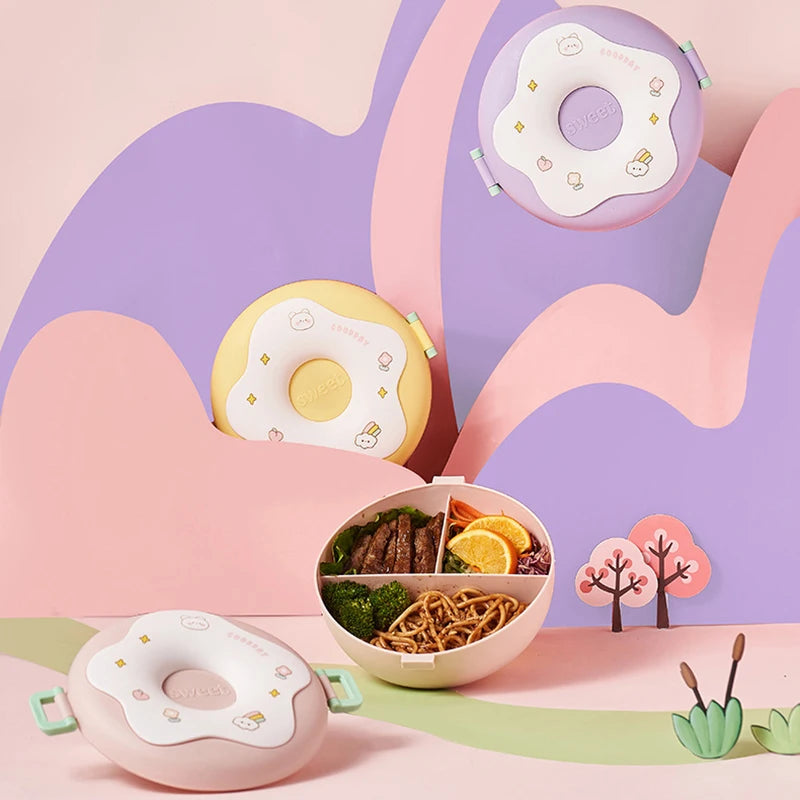 Donut-Shaped Kids Lunch Box – 3-Compartment Bento Box with Cutlery