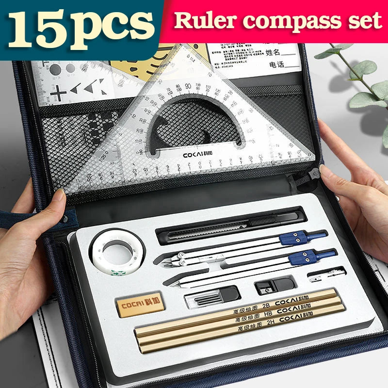 15-Piece Geometry & Maths Set – Compass, Rulers & Drawing Tools