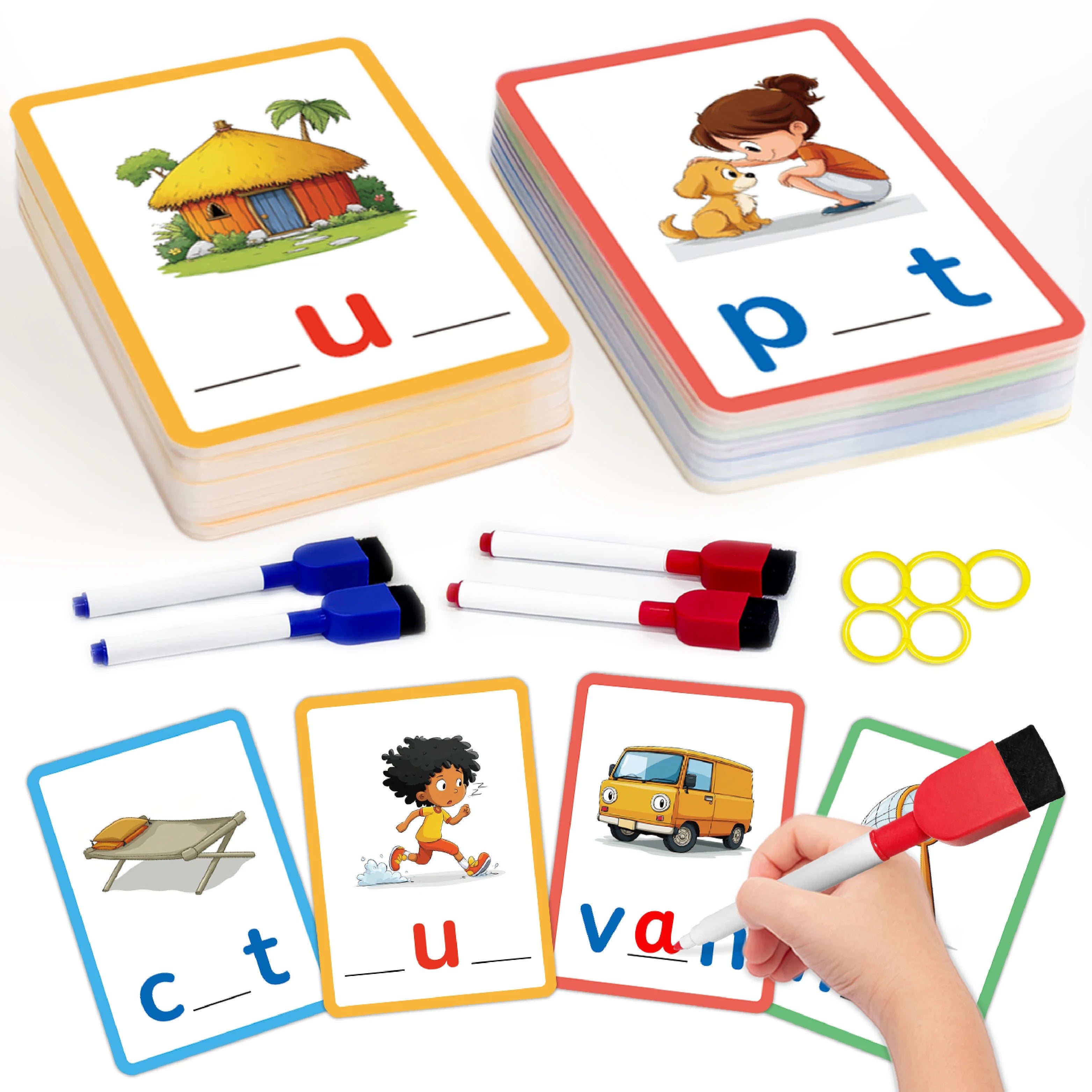 Reusable CVC Word Flash Cards – Write & Wipe Phonics Learning Set for Kids