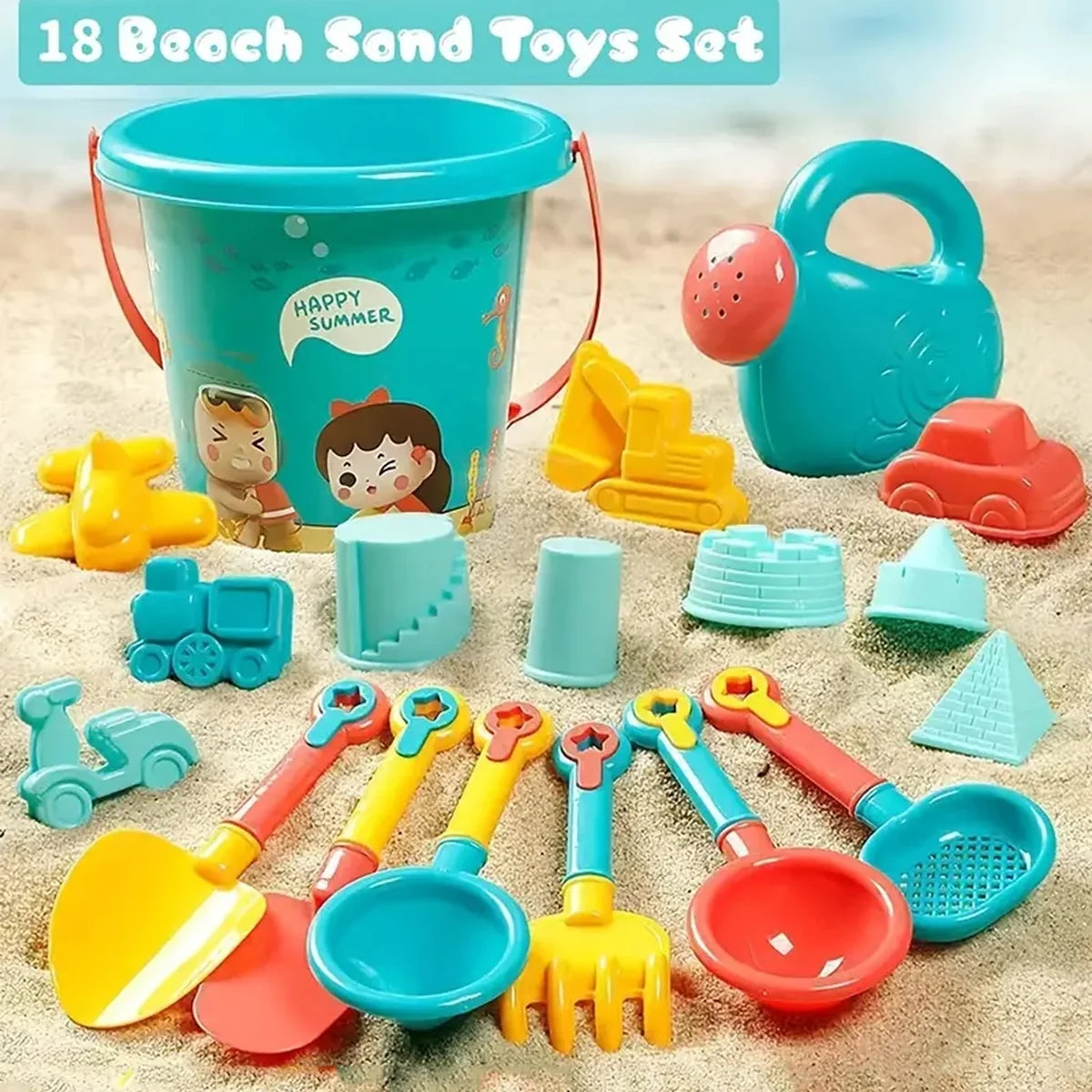 18-Piece Kids Beach Sand Toy Set – Bucket, Tools & Moulds